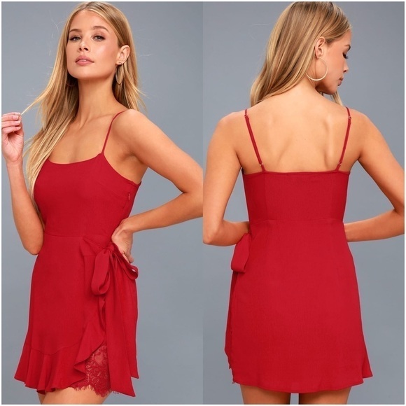 LULU’S Loves Young Dream Red Wrap Dress - Picture 1 of 4